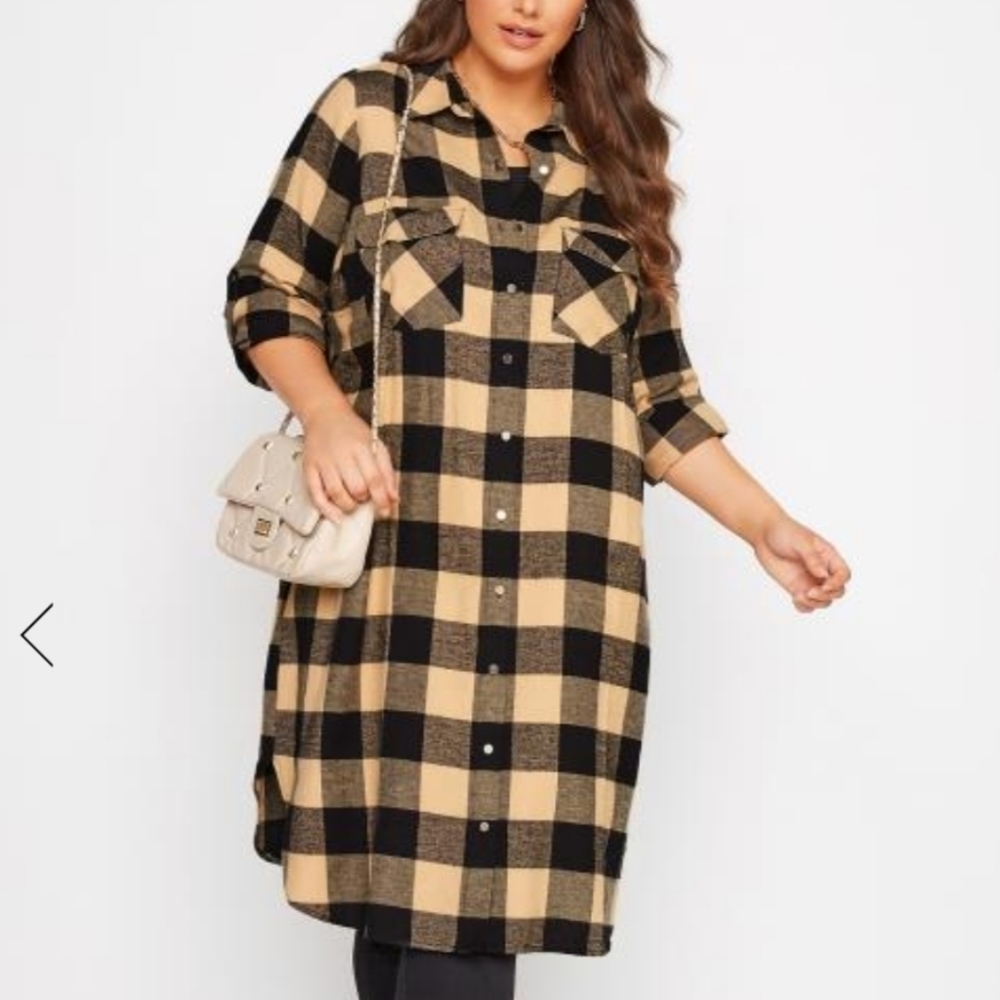 F21 Cotton Flannel Buffalo Plaid Longline Shacket Shirt Jacket